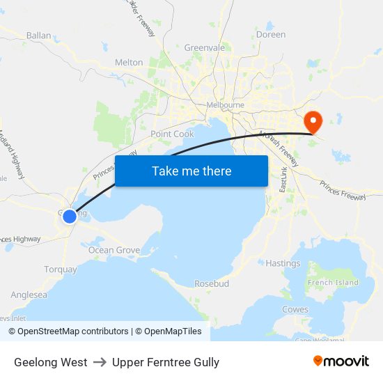 Geelong West to Upper Ferntree Gully map