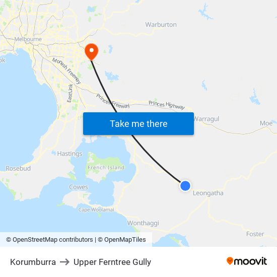 Korumburra to Upper Ferntree Gully map