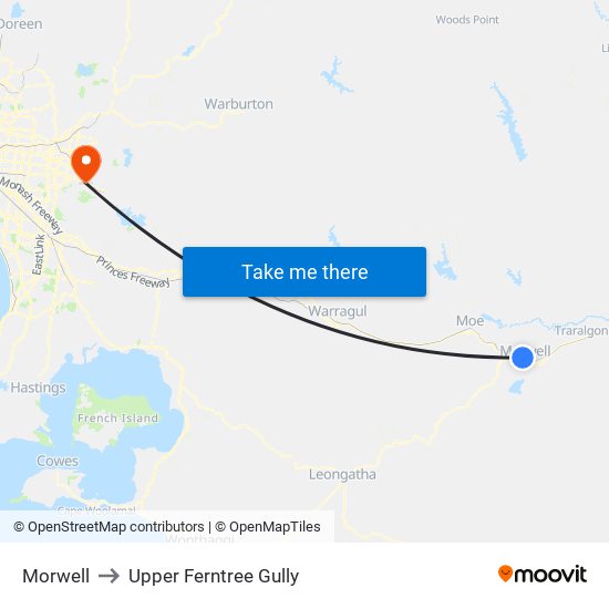 Morwell to Upper Ferntree Gully map