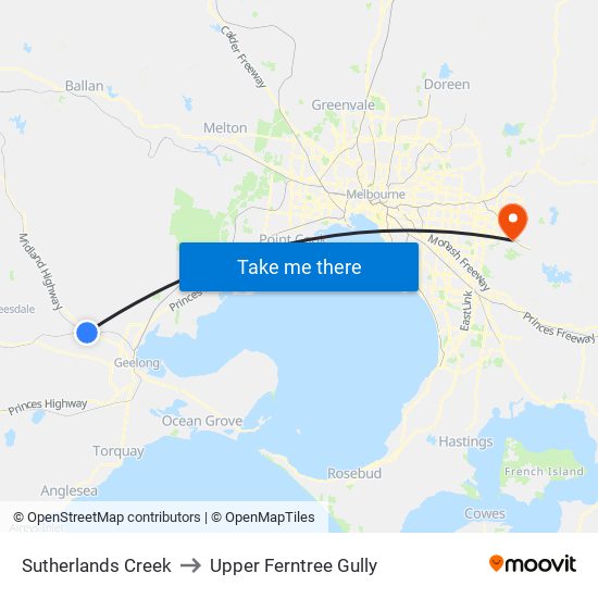 Sutherlands Creek to Upper Ferntree Gully map