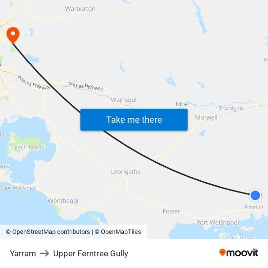 Yarram to Upper Ferntree Gully map