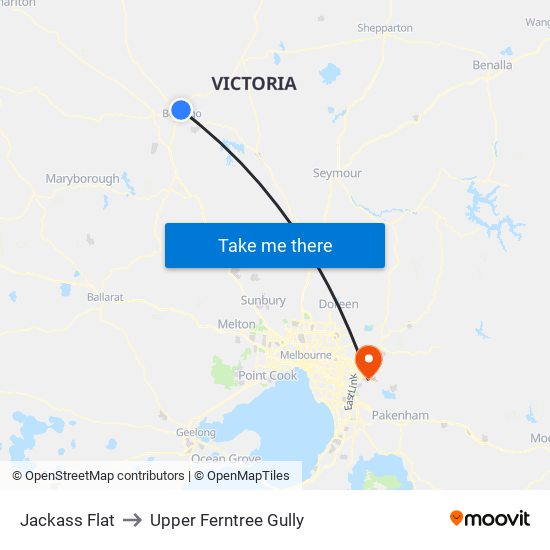 Jackass Flat to Upper Ferntree Gully map