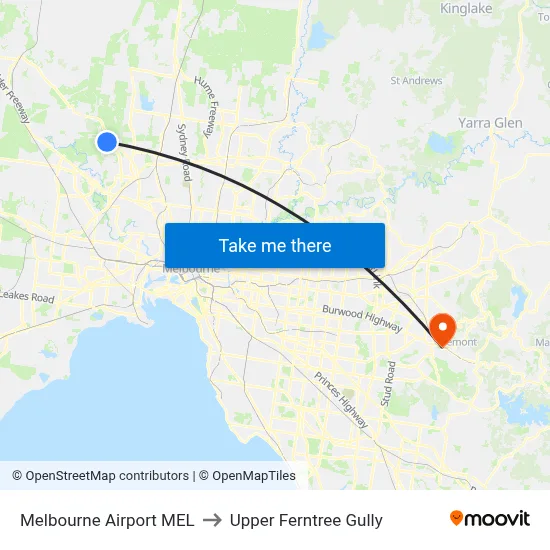 Melbourne Airport MEL to Upper Ferntree Gully map