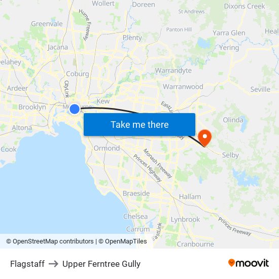 Flagstaff to Upper Ferntree Gully map