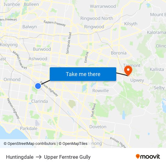 Huntingdale to Upper Ferntree Gully map