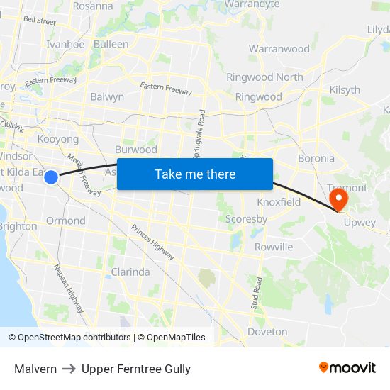 Malvern to Upper Ferntree Gully map