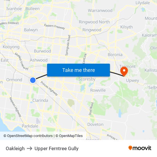 Oakleigh to Upper Ferntree Gully map