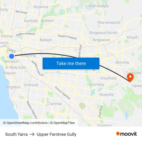 South Yarra to Upper Ferntree Gully map