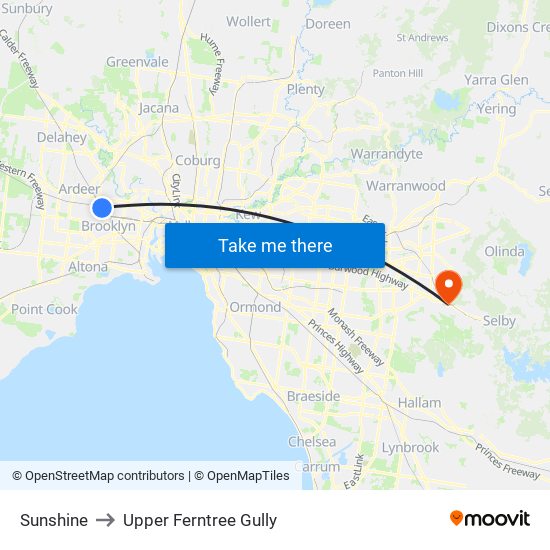 Sunshine to Upper Ferntree Gully map