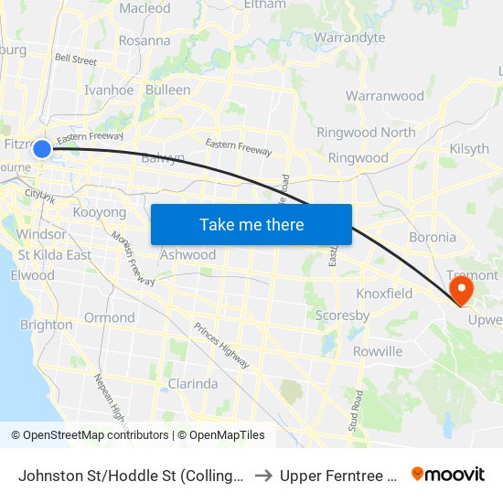 Johnston St/Hoddle St (Collingwood) to Upper Ferntree Gully map