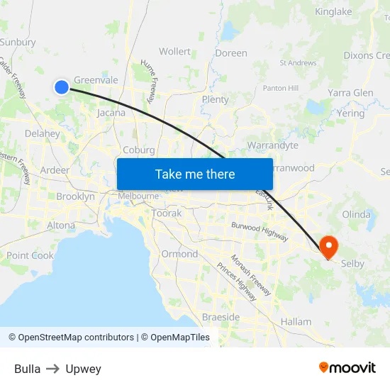 Bulla to Upwey map