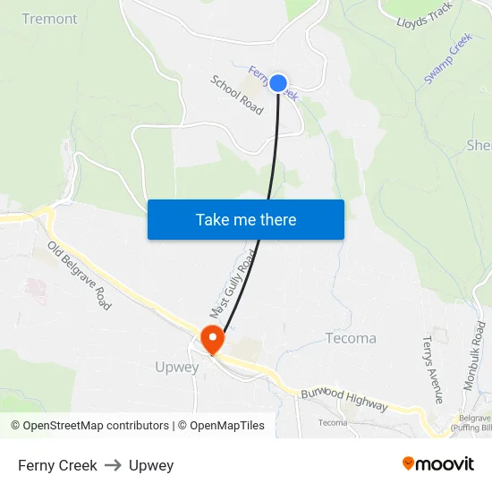 Ferny Creek to Upwey map