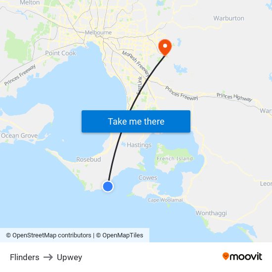 Flinders to Upwey map