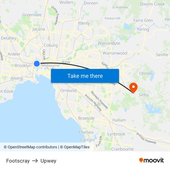 Footscray to Upwey map