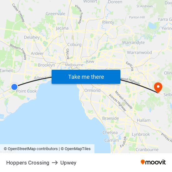 Hoppers Crossing to Upwey map