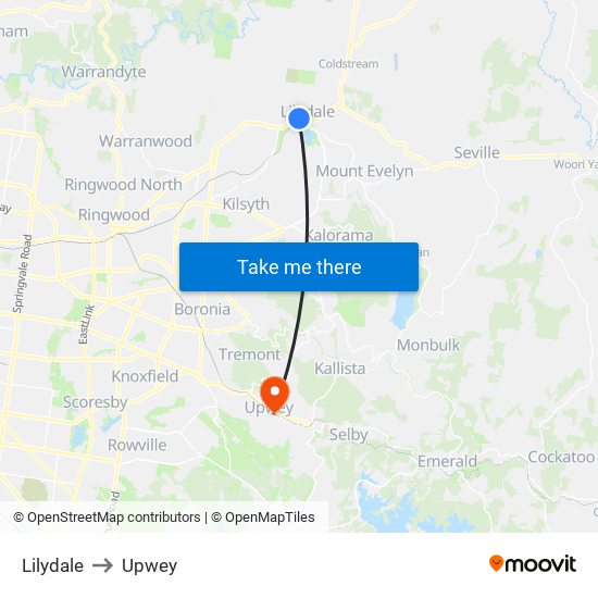 Lilydale to Upwey map