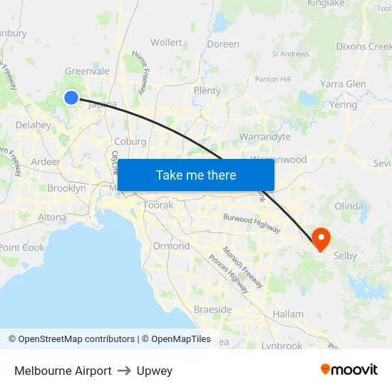 Melbourne Airport to Upwey map