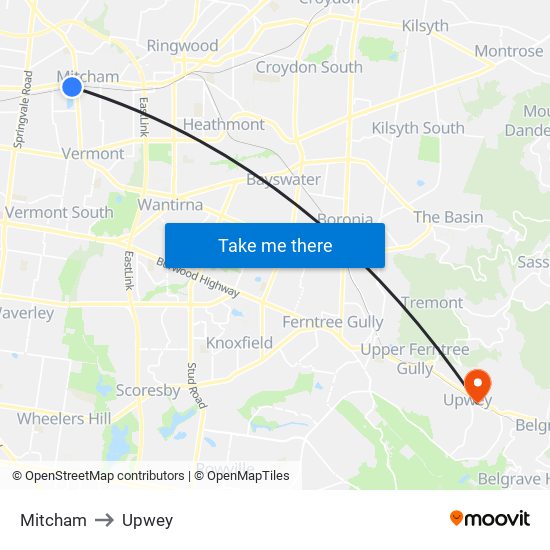 Mitcham to Upwey map