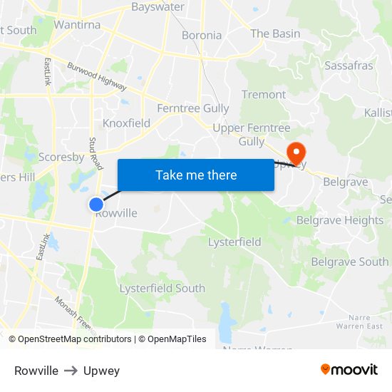 Rowville to Upwey map