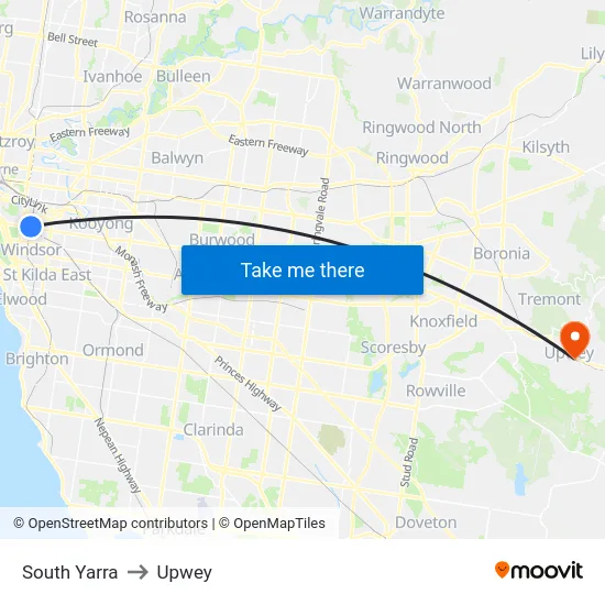 South Yarra to Upwey map