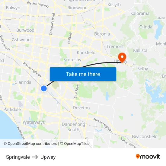 Springvale to Upwey map