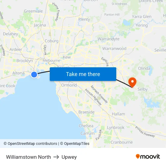 Williamstown North to Upwey map