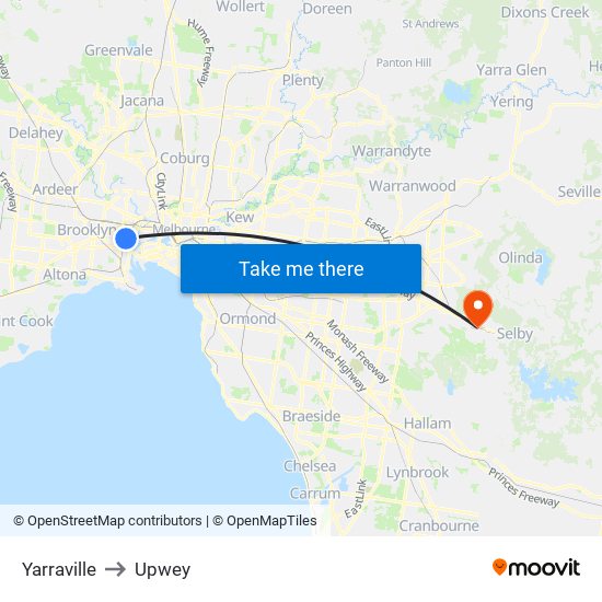 Yarraville to Upwey map