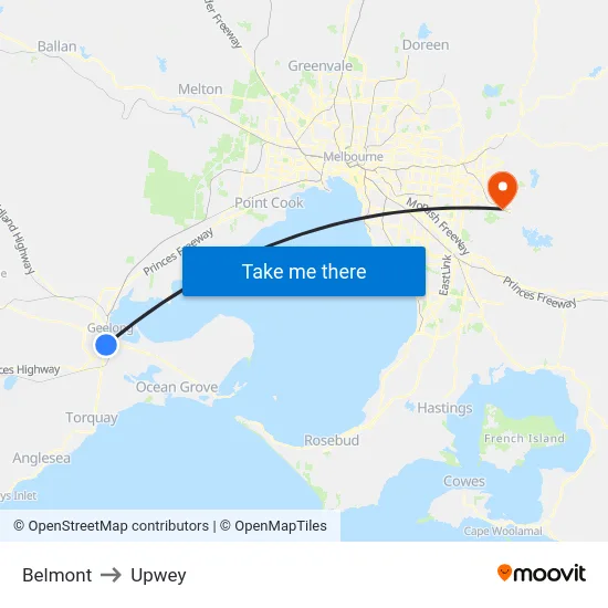 Belmont to Upwey map