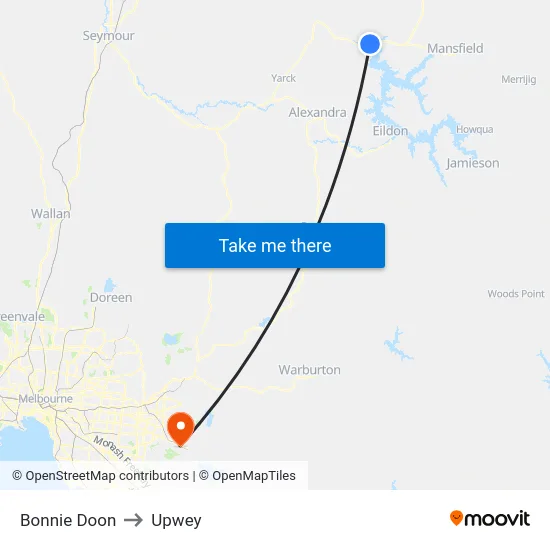 Bonnie Doon to Upwey map