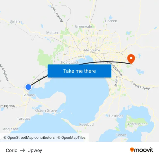 Corio to Upwey map
