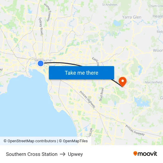 Southern Cross Station to Upwey map