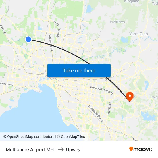 Melbourne Airport MEL to Upwey map