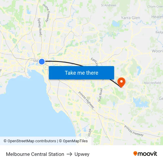 Melbourne Central Station to Upwey map