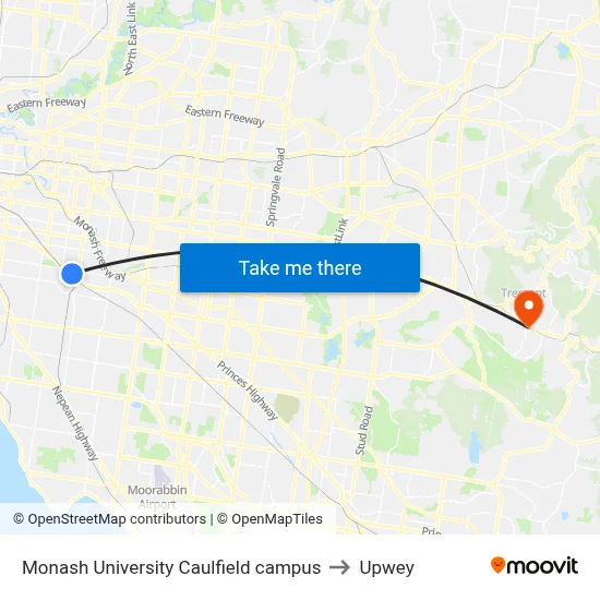 Monash University Caulfield campus to Upwey map