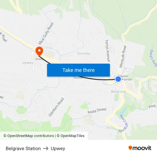 Belgrave Station to Upwey map