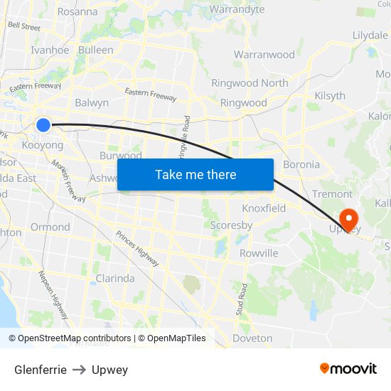 Glenferrie to Upwey map