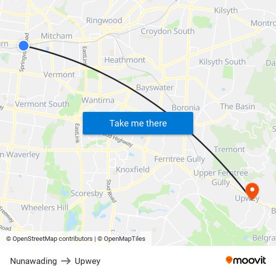 Nunawading to Upwey map