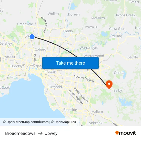 Broadmeadows to Upwey map