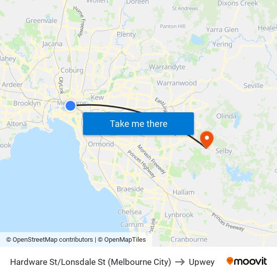 Hardware St/Lonsdale St (Melbourne City) to Upwey map