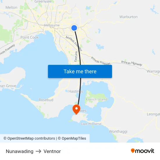 Nunawading to Ventnor map