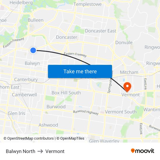 Balwyn North to Vermont map