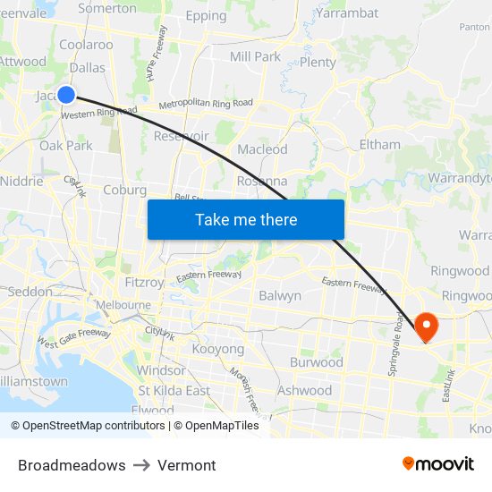 Broadmeadows to Vermont map