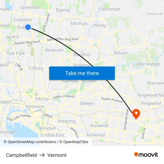 Campbellfield to Vermont map