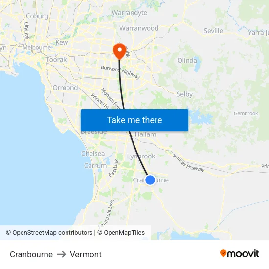 Cranbourne to Vermont map