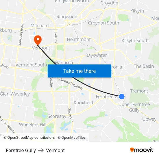 Ferntree Gully to Vermont map