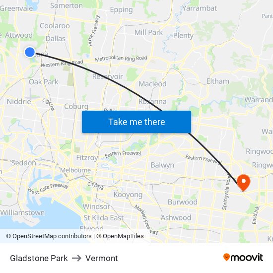 Gladstone Park to Vermont map