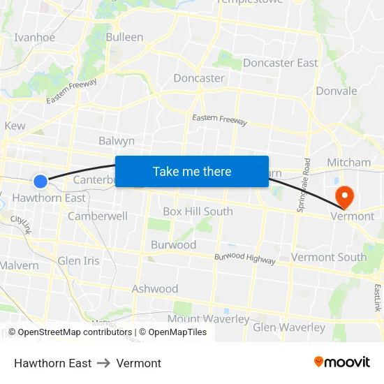 Hawthorn East to Vermont map