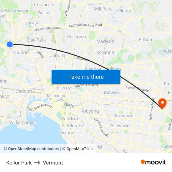 Keilor Park to Vermont map