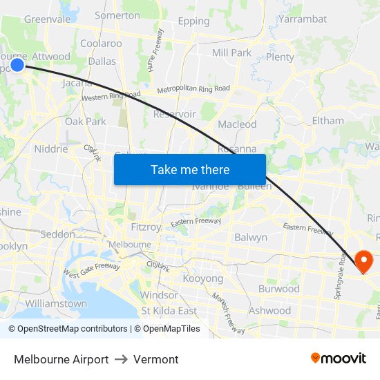 Melbourne Airport to Vermont map