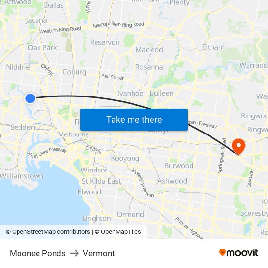 Moonee Ponds to Vermont map